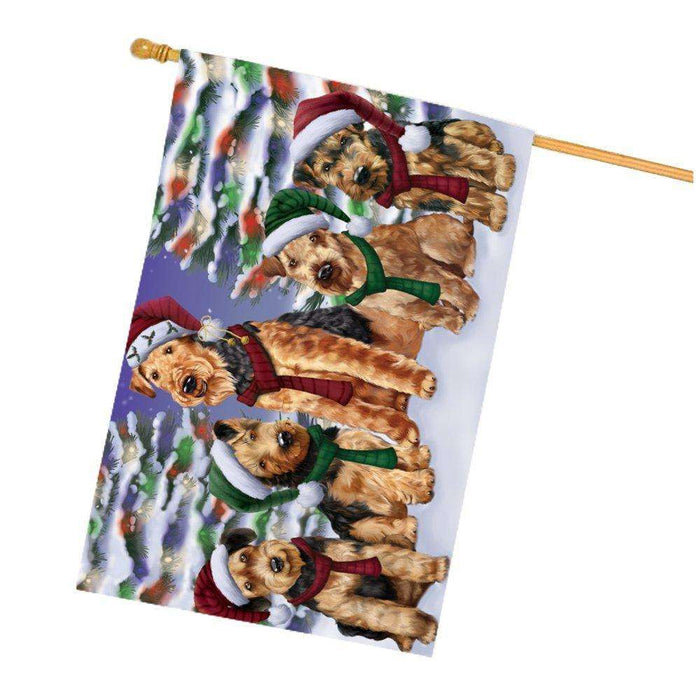 Airedales Dog Christmas Family Portrait in Holiday Scenic Background House Flag