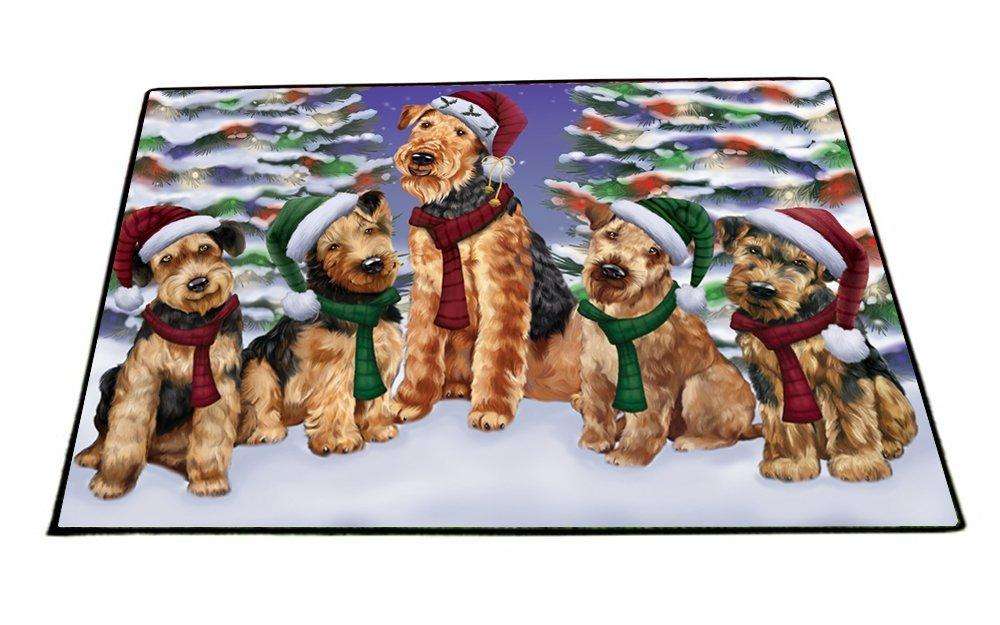 Airedales Dog Christmas Family Portrait in Holiday Scenic Background Indoor/Outdoor Floormat