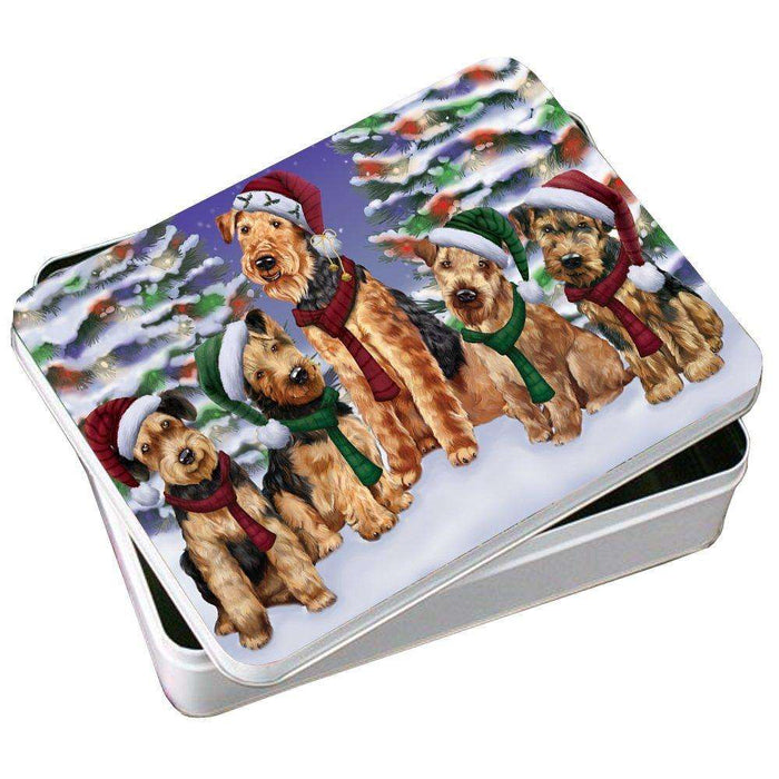 Airedales Dog Christmas Family Portrait in Holiday Scenic Background Photo Storage Tin