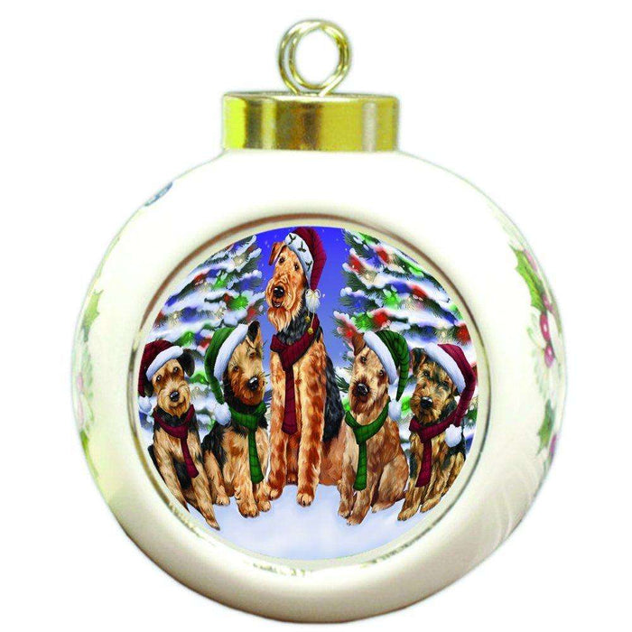 Airedales Dog Christmas Family Portrait in Holiday Scenic Background Round Ball Ornament D127