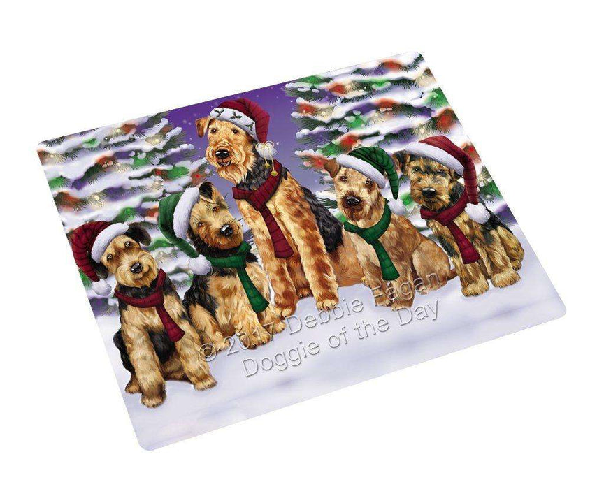Airedales Dog Christmas Family Portrait in Holiday Scenic Background Tempered Cutting Board