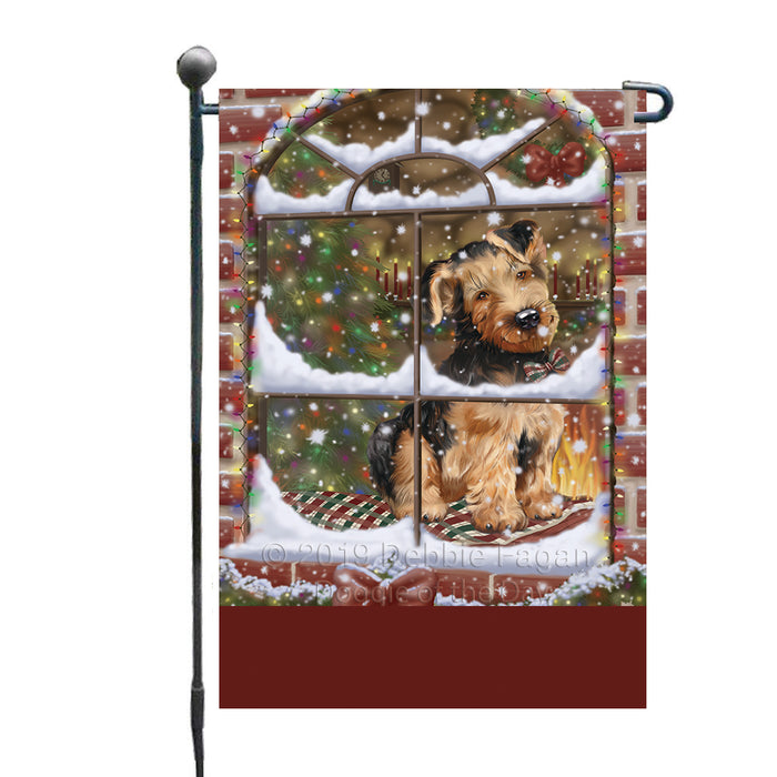 Personalized Please Come Home For Christmas Airedale Dog Sitting In Window Custom Garden Flags GFLG-DOTD-A60103
