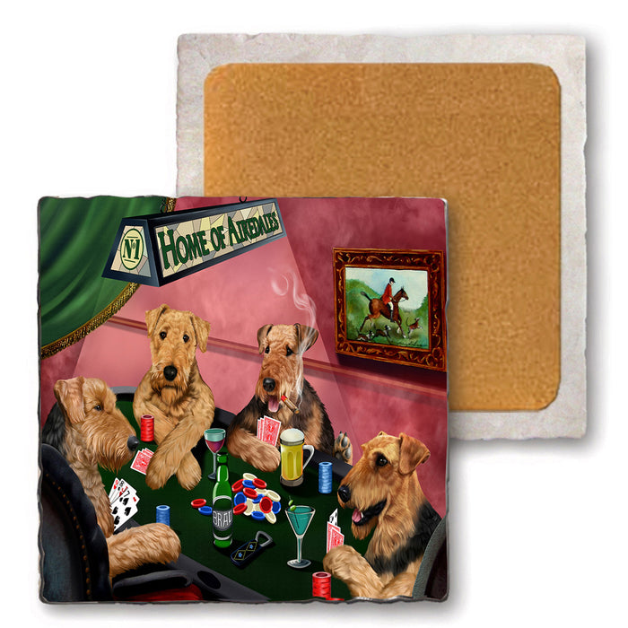Set of 4 Natural Stone Marble Tile Coasters - Home of Airedale 4 Dogs Playing Poker MCST48000