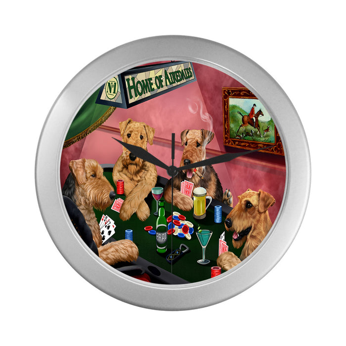 Home of Airedale Dogs Playing Poker Silver Wall Clocks