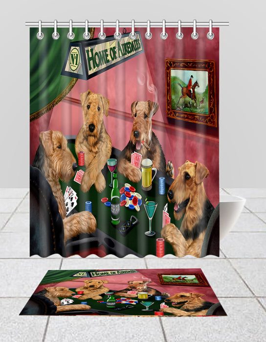 Home of  Airedale Dogs Playing Poker Bath Mat and Shower Curtain Combo