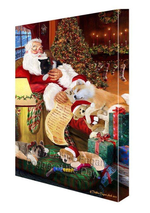 Akita Dog and Puppies Sleeping with Santa Canvas Wall Art