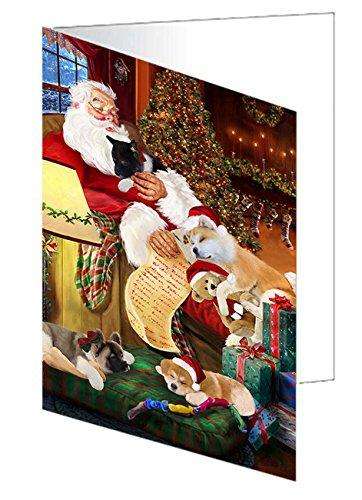 Akita Dog and Puppies Sleeping with Santa Handmade Artwork Assorted Pets Greeting Cards and Note Cards with Envelopes for All Occasions and Holiday Seasons