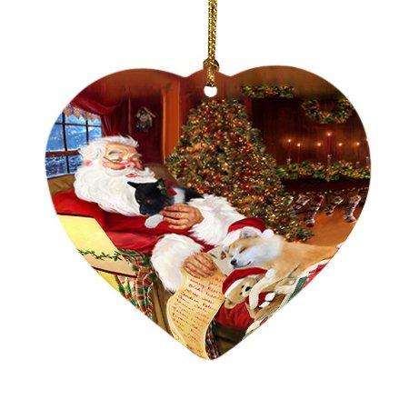 Akita Dog and Puppies Sleeping with Santa Heart Christmas Ornament D397