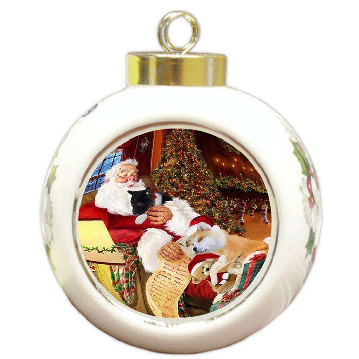 Akita Dog and Puppies Sleeping with Santa Round Ball Christmas Ornament D468