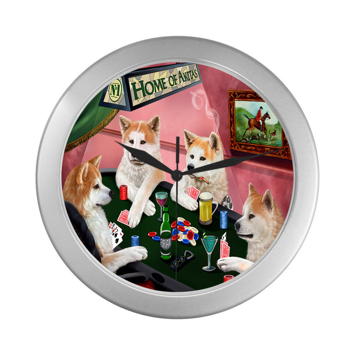 Home of Akita Dogs Playing Poker Silver Wall Clocks