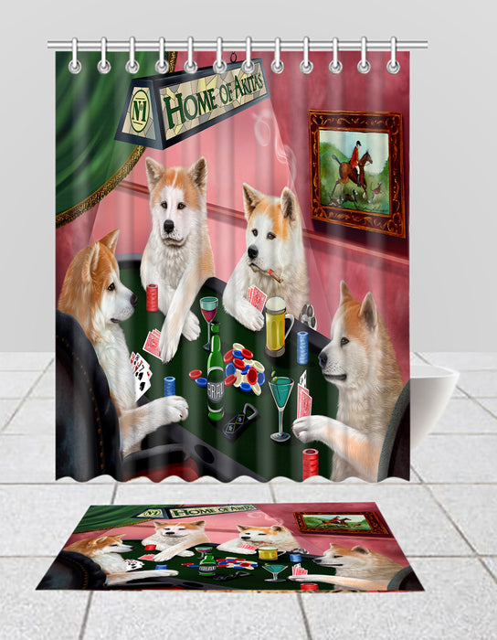 Home of  Akita Dogs Playing Poker Bath Mat and Shower Curtain Combo