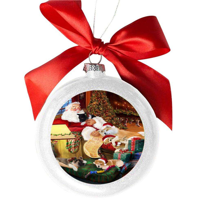 Akitas Dog and Puppies Sleeping with Santa White Round Ball Christmas Ornament WBSOR49233