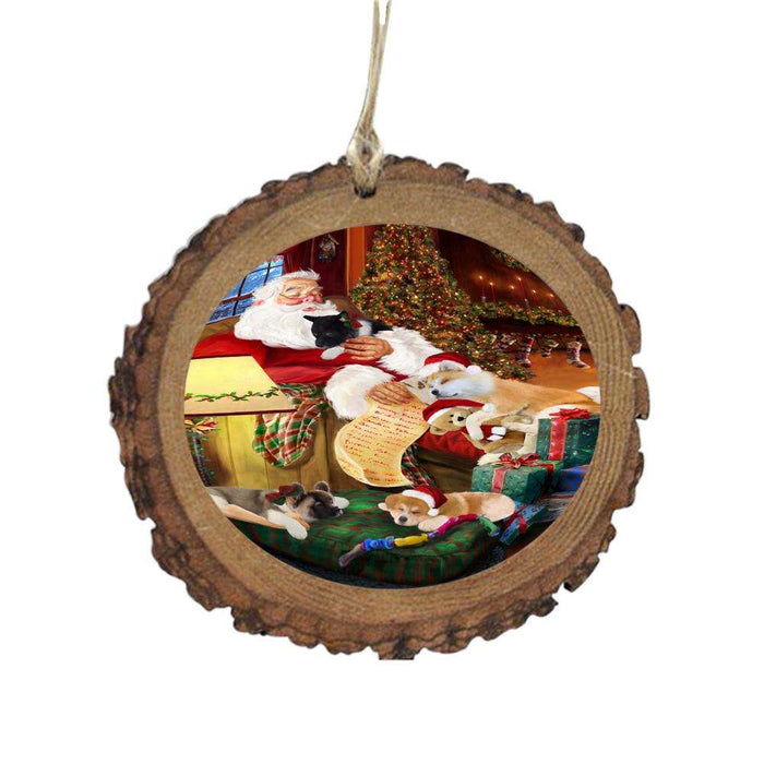 Akitas Dog and Puppies Sleeping with Santa Wooden Christmas Ornament WOR49233