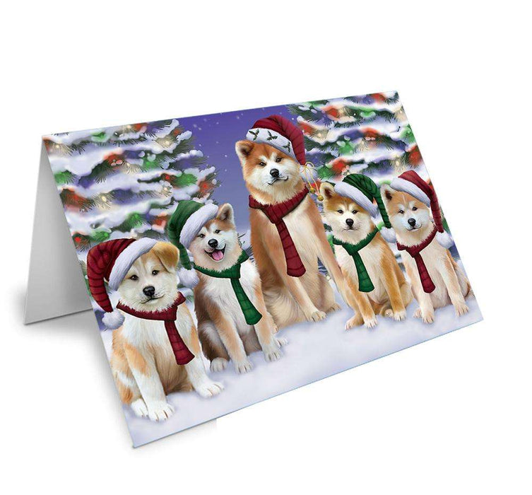 Akitas Dog Christmas Family Portrait in Holiday Scenic Background Handmade Artwork Assorted Pets Greeting Cards and Note Cards with Envelopes for All Occasions and Holiday Seasons GCD62138