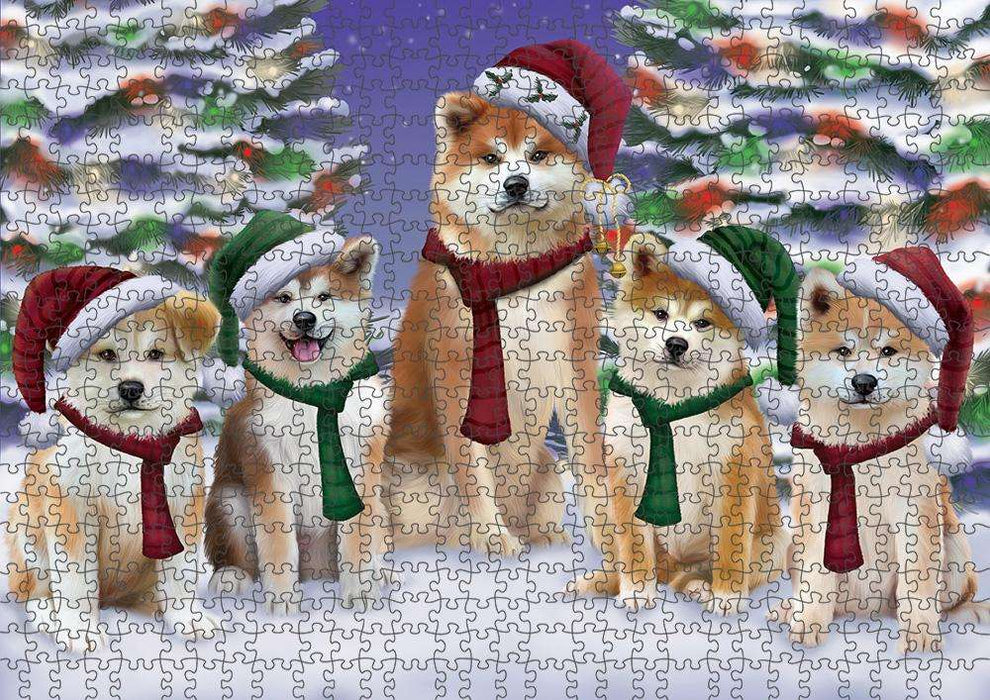 Akitas Dog Christmas Family Portrait in Holiday Scenic Background Puzzle with Photo Tin PUZL62040