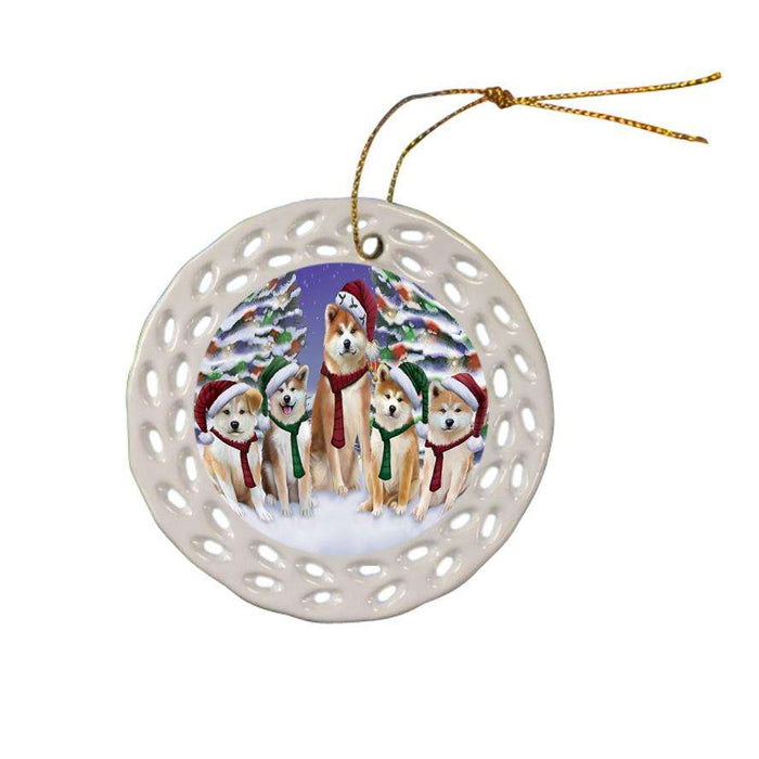 Akitas Dog Christmas Family Portrait in Holiday Scenic Background  Ceramic Doily Ornament DPOR52703