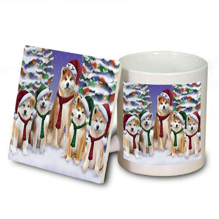 Akitas Dog Christmas Family Portrait in Holiday Scenic Background  Mug and Coaster Set MUC52695