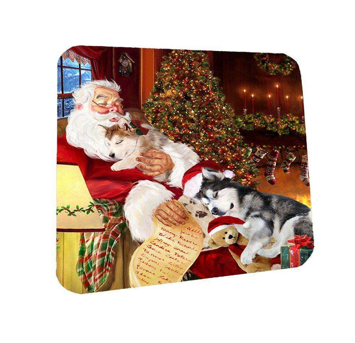 Alaskan Malamute Dog and Puppies Sleeping with Santa Coasters Set of 4