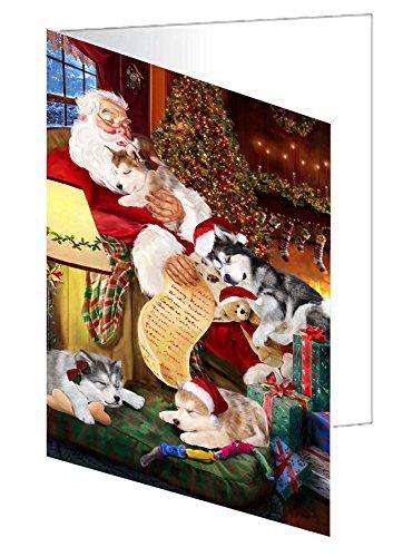 Alaskan Malamute Dog and Puppies Sleeping with Santa Handmade Artwork Assorted Pets Greeting Cards and Note Cards with Envelopes for All Occasions and Holiday Seasons