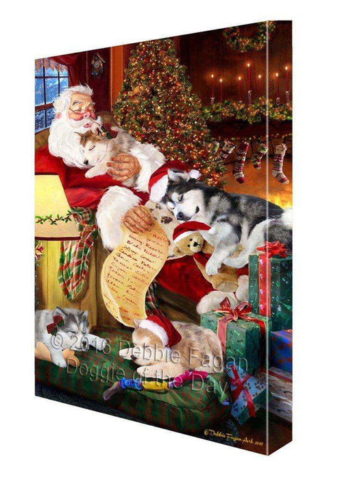 Alaskan Malamute Dog and Puppies Sleeping with Santa Painting Printed on Canvas Wall Art