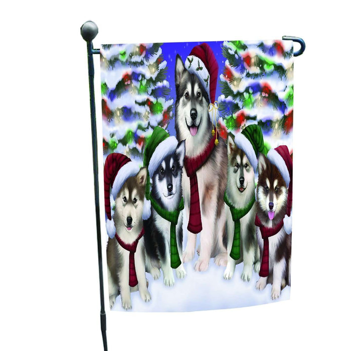 Alaskan Malamute Dog Christmas Family Portrait in Holiday Scenic Background Garden Flag