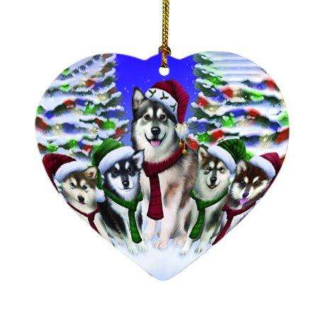 Alaskan Malamute Dog Christmas Family Portrait in Holiday Scenic Background Heart Ornament D157