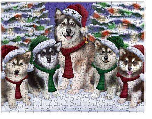 Alaskan Malamute Dog Christmas Family Portrait in Holiday Scenic Background Puzzle with Photo Tin D136