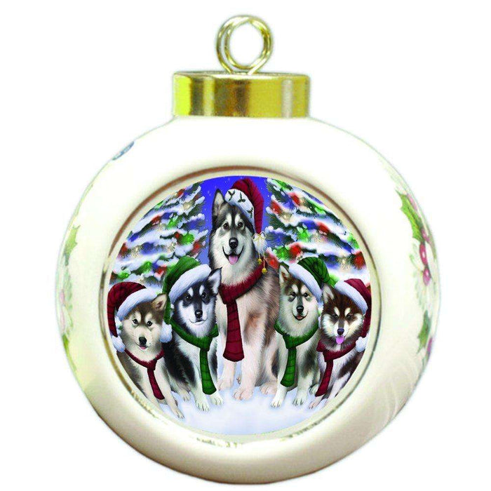 Alaskan Malamute Dog Christmas Family Portrait in Holiday Scenic Background Round Ball Ornament D157