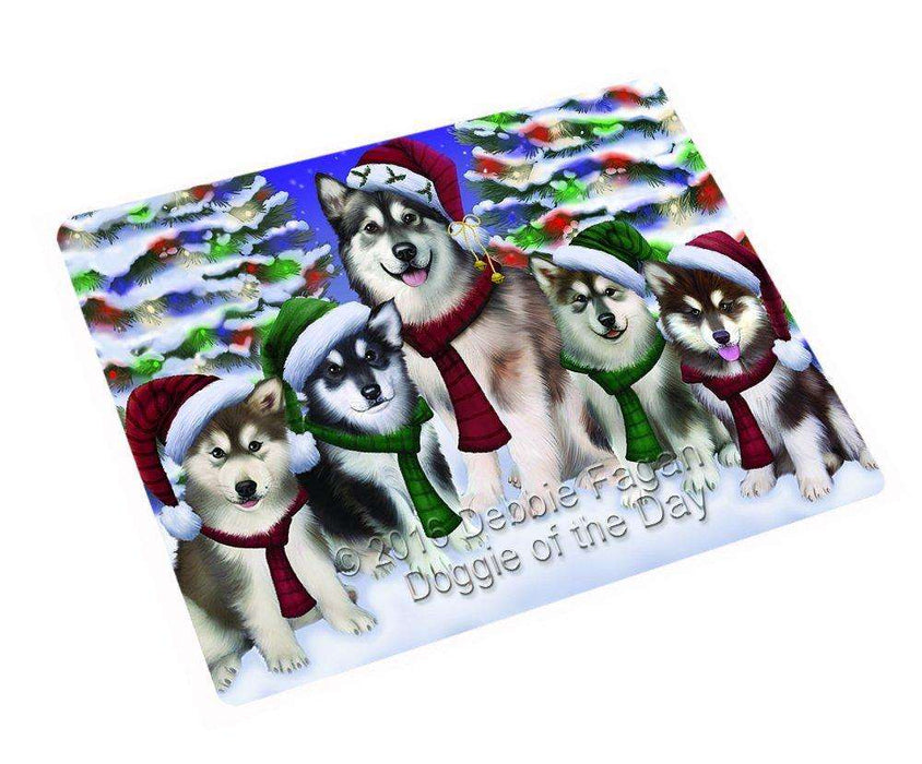 Alaskan Malamute Dog Christmas Family Portrait in Holiday Scenic Background Tempered Cutting Board