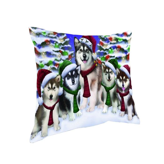Alaskan Malamute Dog Christmas Family Portrait in Holiday Scenic Background Throw Pillow