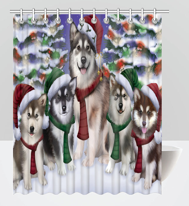 Alaskan Malamute Dogs Christmas Family Portrait in Holiday Scenic Background Shower Curtain