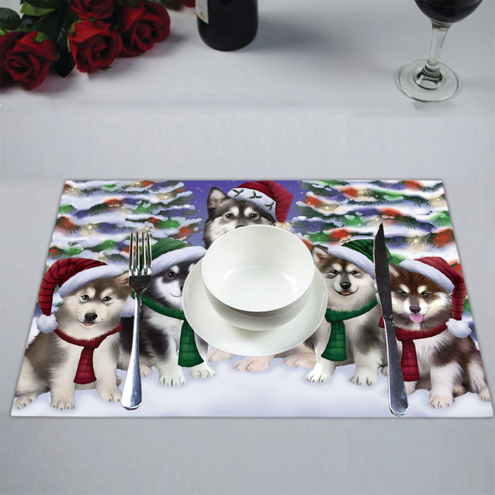 Alaskan Malamute Dogs Christmas Family Portrait in Holiday Scenic Background Placemat