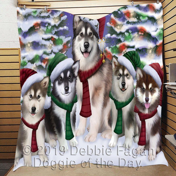 Alaskan Malamute Dogs Christmas Family Portrait in Holiday Scenic Background Quilt