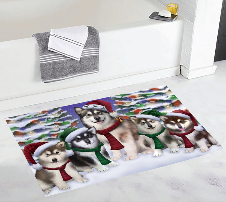 Alaskan Malamute Dogs Christmas Family Portrait in Holiday Scenic Background Bath Mat