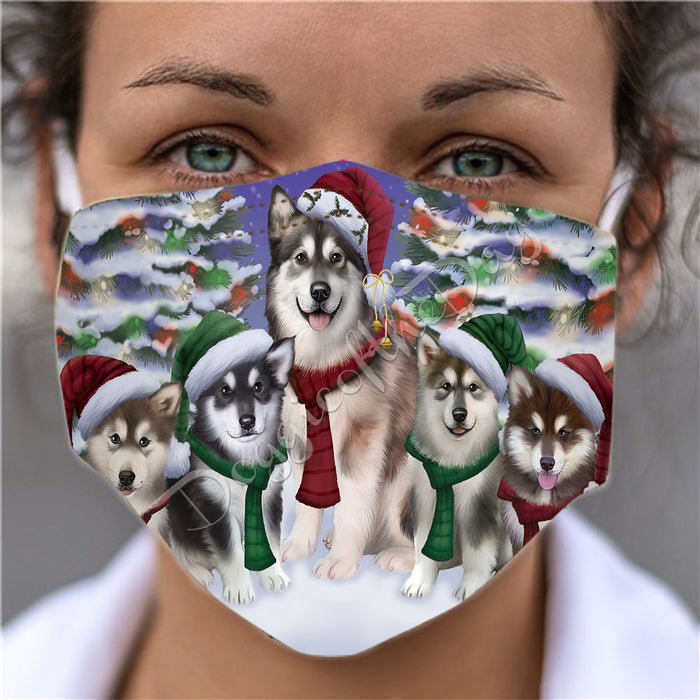 Alaskan Malamute Dogs Christmas Family Portrait in Holiday Scenic Background Face Mask FM48304
