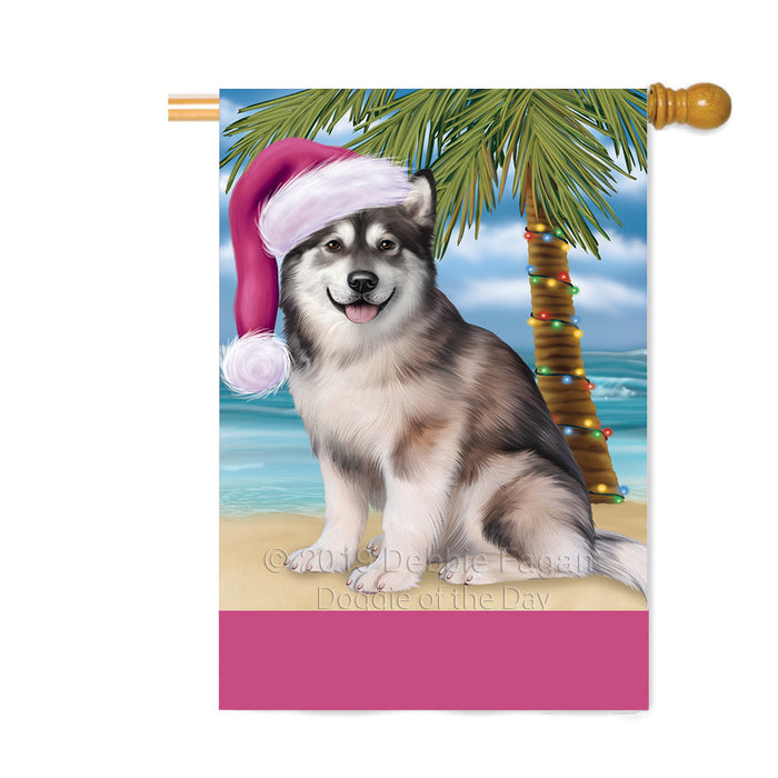 Personalized Summertime Happy Holidays Christmas Alaskan Malamute Dog on Tropical Island Beach Custom House Flag FLG-DOTD-A60422