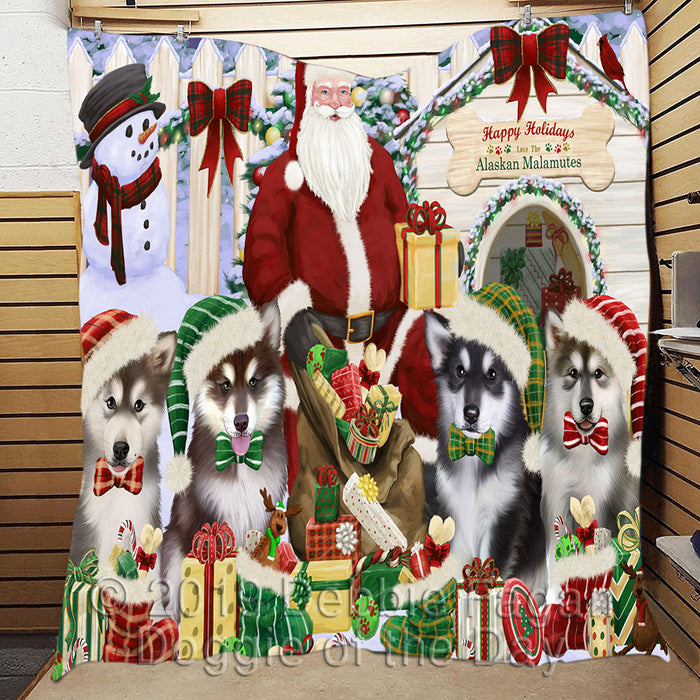 Happy Holidays Christmas Alaskan Malamute Dogs House Gathering Quilt