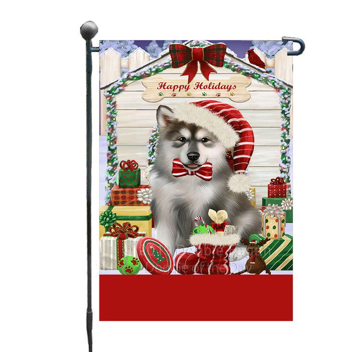 Personalized Happy Holidays Christmas Alaskan Malamute Dog House with Presents Custom Garden Flags GFLG-DOTD-A59259
