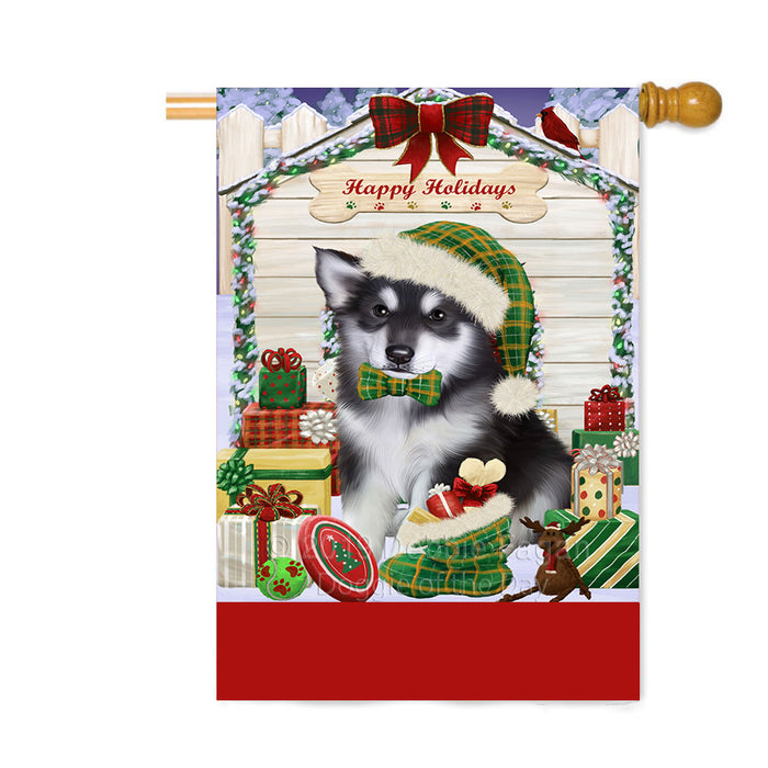 Personalized Happy Holidays Christmas Alaskan Malamute Dog House with Presents Custom House Flag FLG-DOTD-A59314