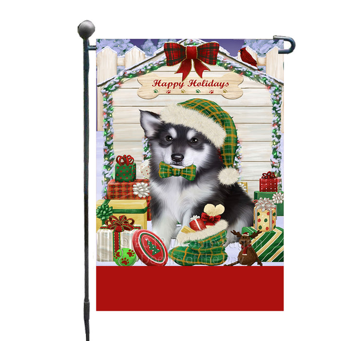 Personalized Happy Holidays Christmas Alaskan Malamute Dog House with Presents Custom Garden Flags GFLG-DOTD-A59258