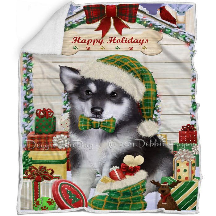 Happy Holidays Christmas Alaskan Malamute Dog House with Presents Blanket BLNKT77781