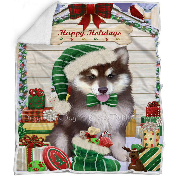 Happy Holidays Christmas Alaskan Malamute Dog House with Presents Blanket BLNKT77790