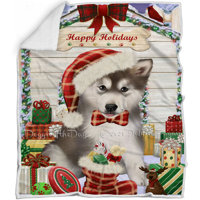 Happy Holidays Christmas Alaskan Malamute Dog House with Presents Blanket BLNKT77799