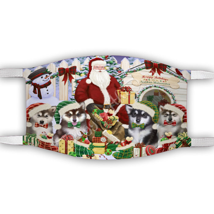 Happy Holidays Christmas Alaskan Malamute Dogs House Gathering Face Mask FM48207