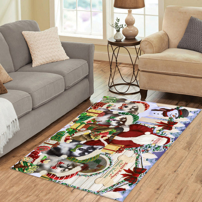 Happy Holidays Christma Alaskan Malamute Dogs House Gathering Area Rug