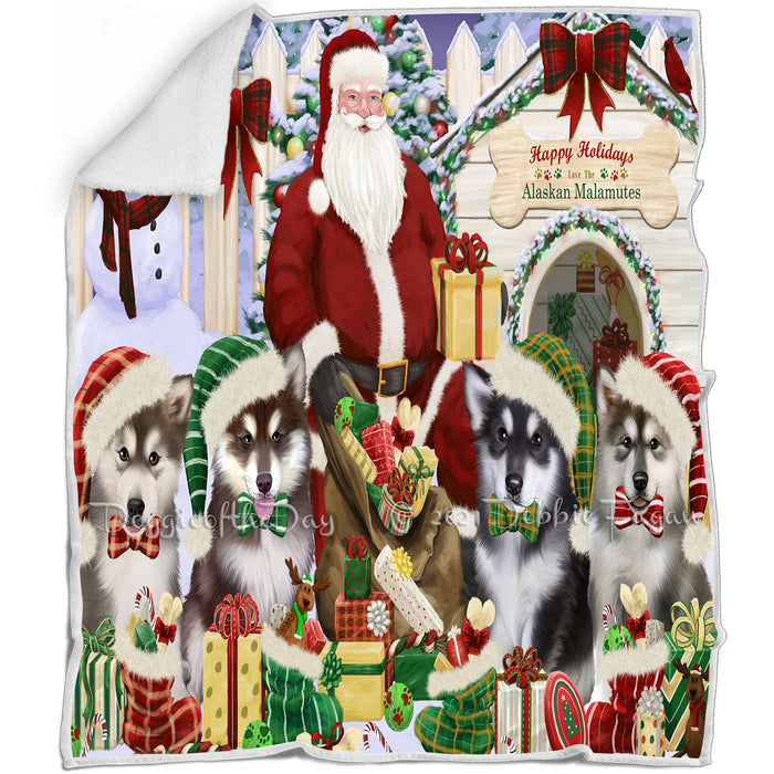 Happy Holidays Christmas Alaskan Malamutes Dog House Gathering Blanket BLNKT77511