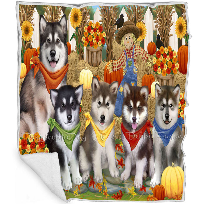 Fall Festive Gathering Alaskan Malamutes with Pumpkins Blanket BLNKT71616