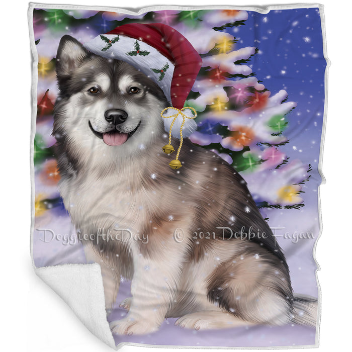 Winterland Wonderland Alaskan Malamute Dog In Christmas Holiday Scenic Background  Blanket BLNKT97572
