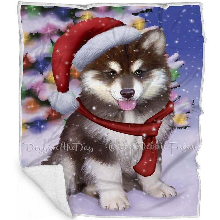 Winterland Wonderland Alaskan Malamute Dog In Christmas Holiday Scenic Background  Blanket BLNKT97581