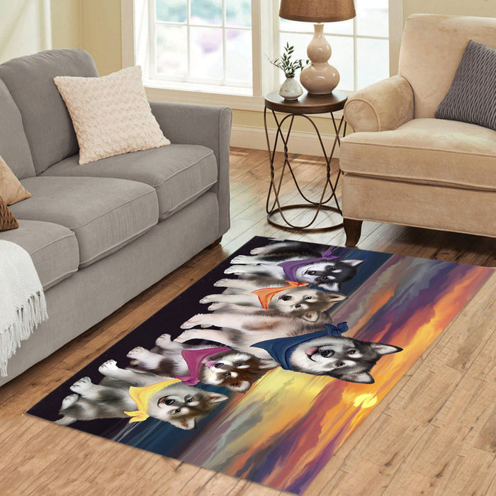 Family Sunset Portrait Alaskan Malamute Dogs Area Rug